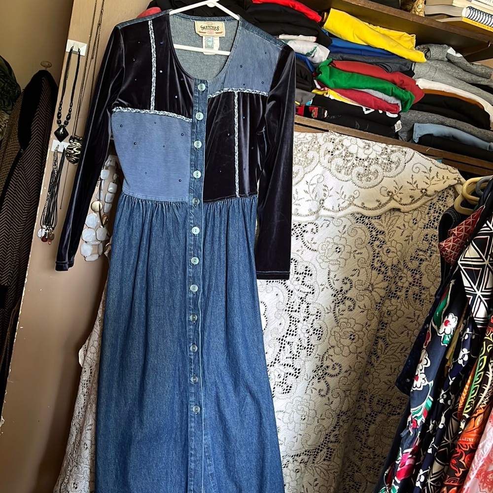 😄Vintage Denim Velour Maxi Dress